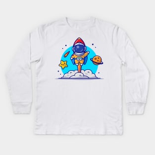 Cute Astronaut Launch with Rocket Cartoon Vector Icon Illustration Kids Long Sleeve T-Shirt